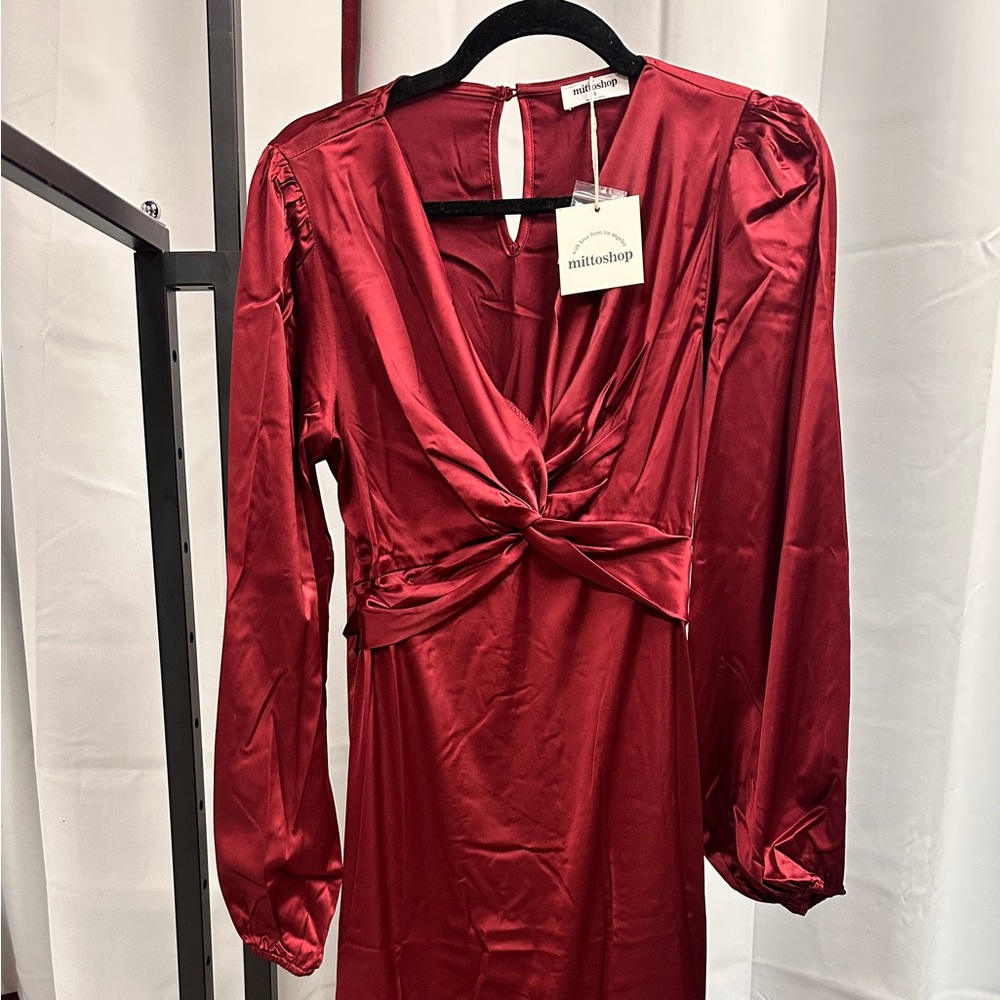 Burgundy Satin Twist Midi Dress